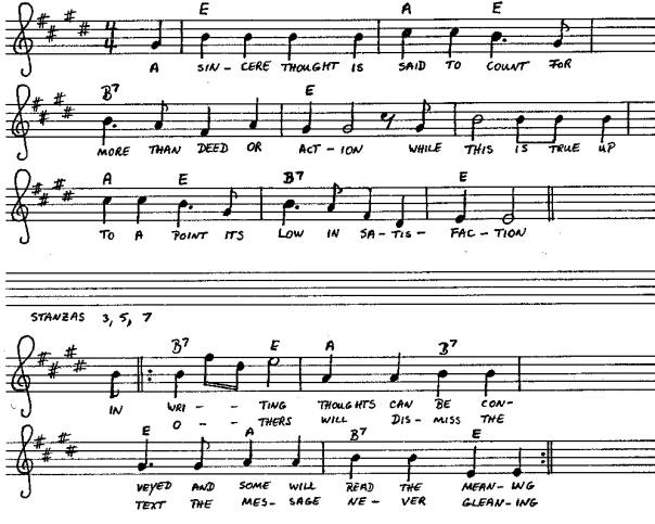 Musical notes, chords, and text of the song Thoughts