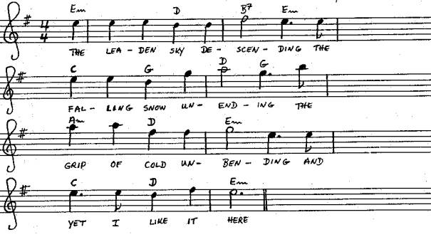 Musical notes, chords, and text of the song Snow