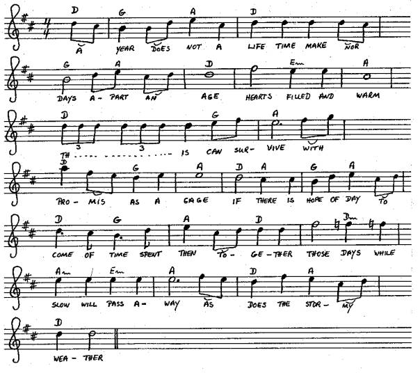 Musical notes, chords, and text of the song A Year