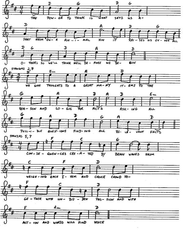 Musical notes, chords, and text of the song Thinking
